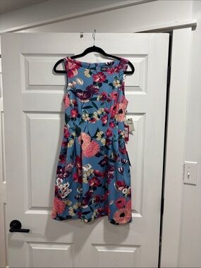 Vince Camuto Bright Blue Floral Dress with Pink & Cream Blooms